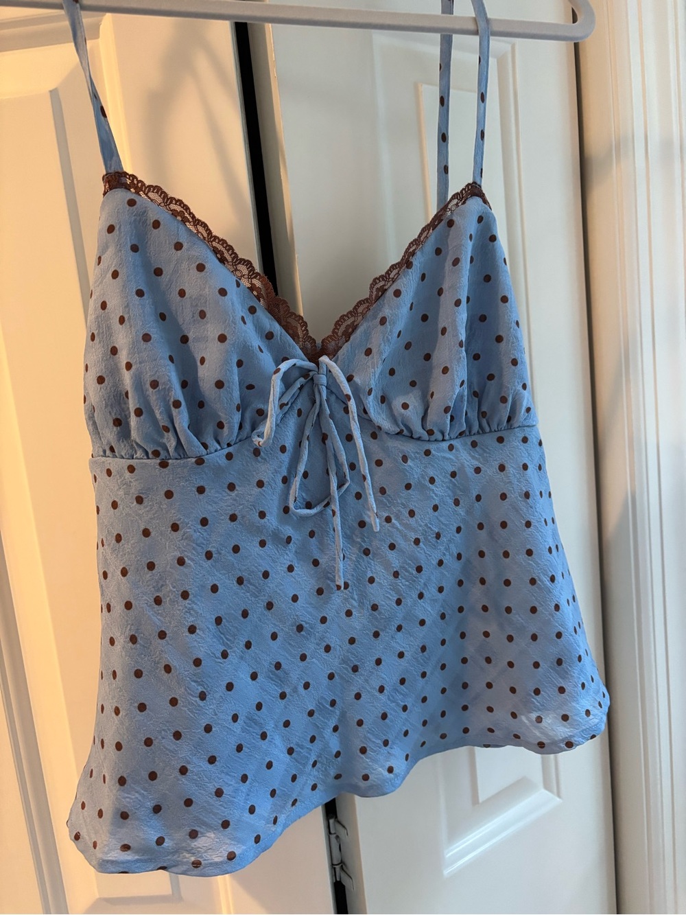 Light Blue Polka Dot Lace-Trim Camisole with Front Tie